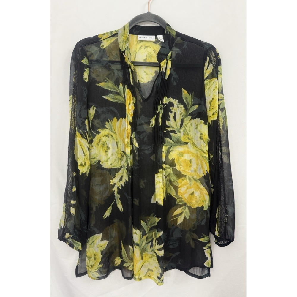 Susan Graver Black Yellow Floral Sheer Lace Sleeve Chiffon Tunic Blouse Women XS